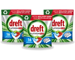 3 x Dreft Platinum Plus - All In One - Vaatwascapsules - Fresh Herbal Breeze - 16 Afwasbeurten - Voordeelverpakking - 3 stuks