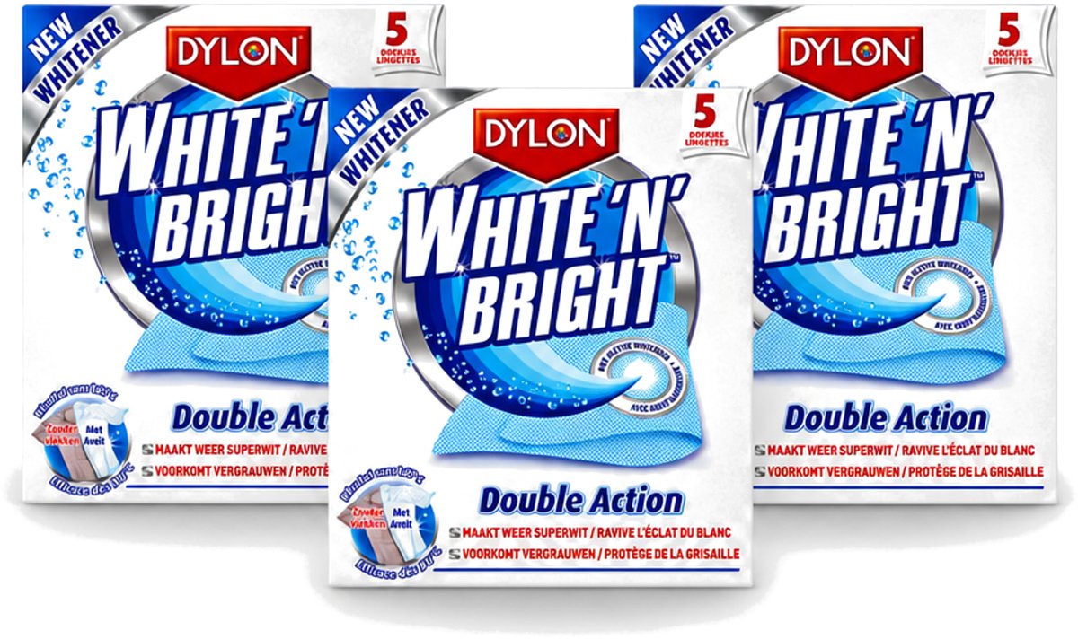 3 x Dylon - Vlekverwijderaar - White & Bright - Superwit & Vlekkeloos - 5 Doekjes - Voordeelverpakking - 3 stuks