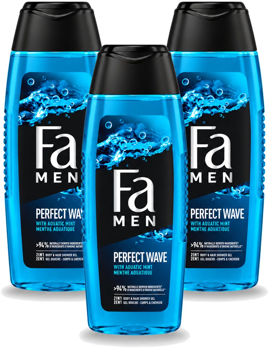 3 x Fa Men - Perfect Wave - 2 in 1 Douchegel & Shampoo - Menthol - 250 ml - Voordeelverpakking - 3 stuks