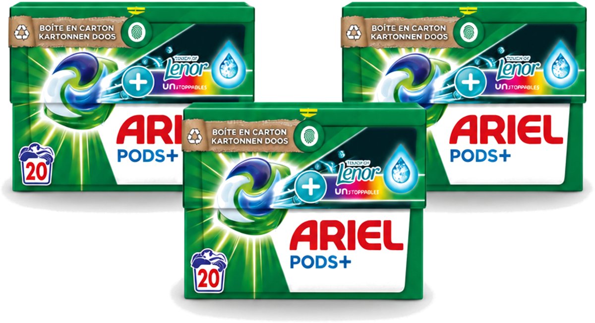 3 x Ariel Original - Touch of Lenor Unstoppables - Wasmiddelcapsules - Pods+ - Gekleurde Was - 20 Wasbeurten - Voordeelverpakking - 3 stuks