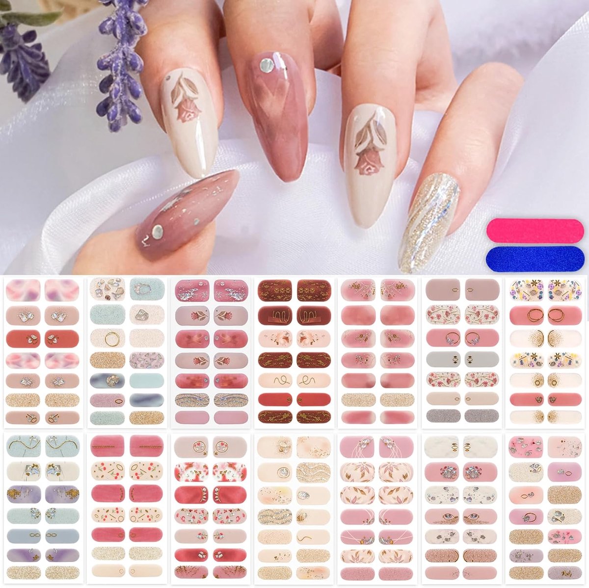 SnelShoppen - 14 Bladen Bloemen Nail Stickers - Zelfklevende Nagelstickers met 196 Stuks, Inclusief 2 Vijl, Nagelkunst Decoraties voor Feesten en DIY