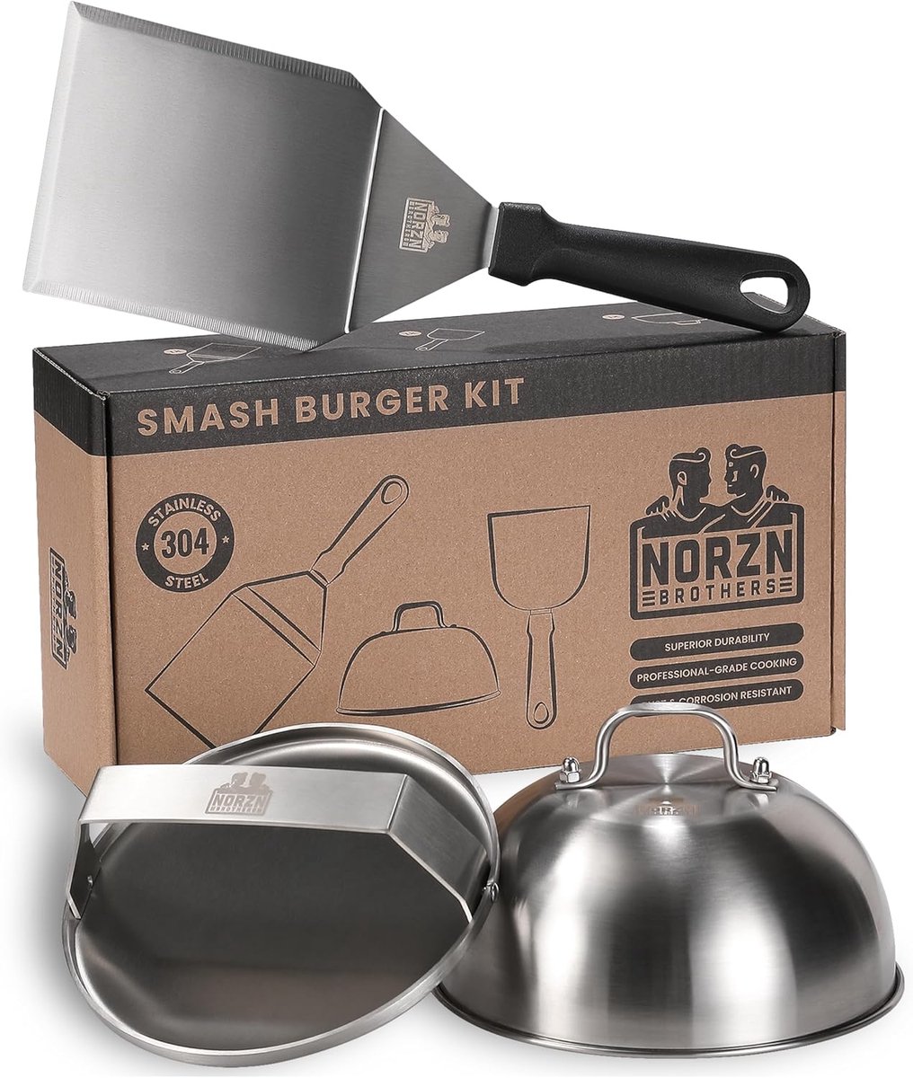 SnelShoppen - Smash Burger Kit met Burger Press, BBQ Spatula, Cloche, Grill & Meat Press, RVS 304, Food Grade, 10 Jaar Garantie, Perfect voor BBQ en T