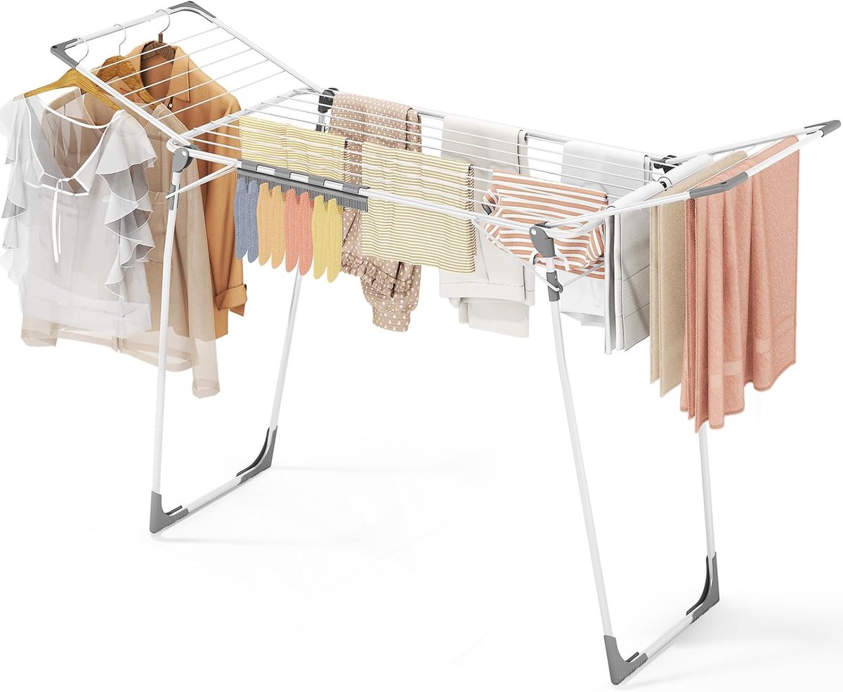 SnelShoppen - Staande Droogrek met Vleugels, Ruimtebesparend, Inklapbaar Kledingdroger voor Kleine Was, Inclusief Clips voor Handdoeken, Wit