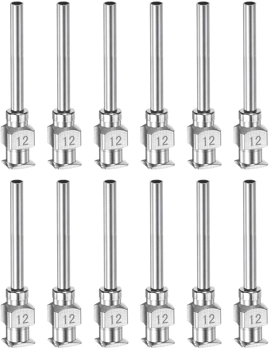 SnelShoppen - 12 Stuks 12 Gauge RVS Dispensernaalden met Doffe Punt en Luer Lock voor Dikke Materialen, Lijm en Laboratoriumgebruik - 1 Inch Metaalnaa