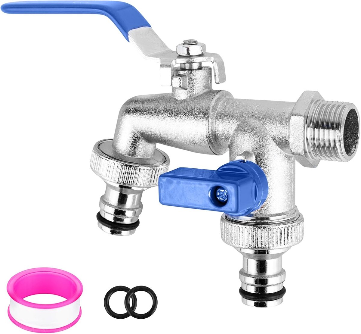 SnelShoppen - Premium Dubbele Tuinkraan 1/2 inch Messing, Roest- en Vorstbestendig met 2x 3/4 inch Aansluitingen, Dubbele Spuit, Rolafdichtband voor T