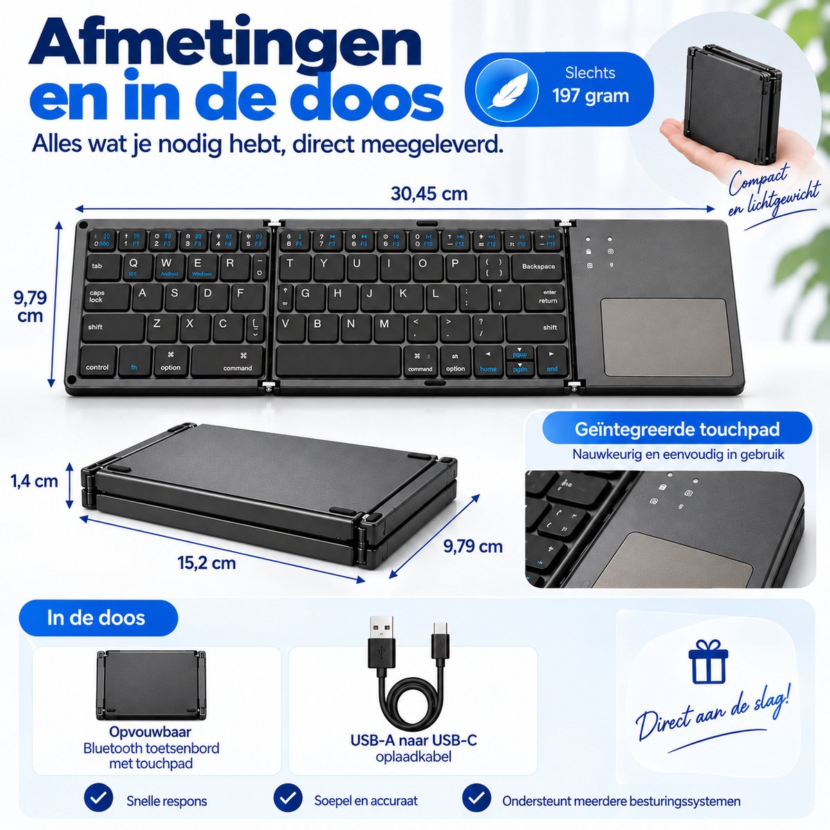 IMENGINE® Opvouwbaar Bluetooth Toetsenbord met Touchpad – Draadloos QWERTY Keyboard – 197g – Voor Tablet, iPad, Smartphone, Laptop & PC – Oplaadbaar — cadeau in Gadgets - foto 5