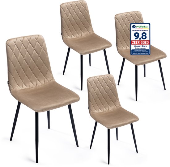 Set van 4 beige Lina Elisia eetkamerstoelen met ruitstiksel en zwarte metalen poten. Getest met 9,8 'Zeer Goed'.