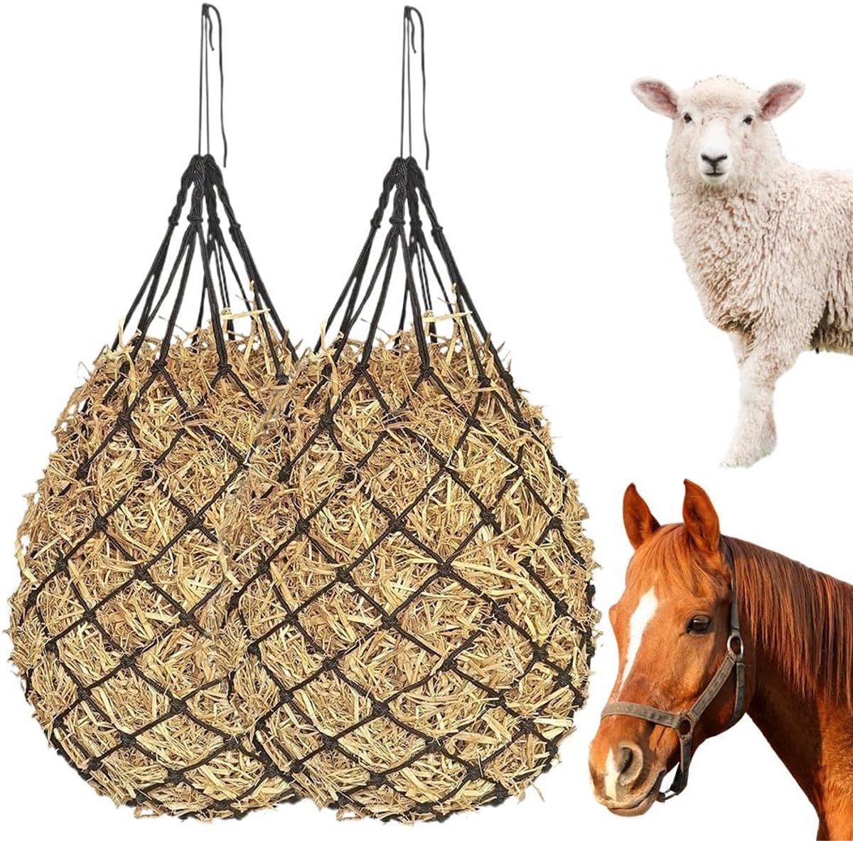 Heunnet voor paarden, 2 stuks, paarden, koeien, schapen, ezel, heavy duty, eenvoudig op te hangen, bevordert gezonde voeding voor boerderij, paardrijstal en outdoor wilg