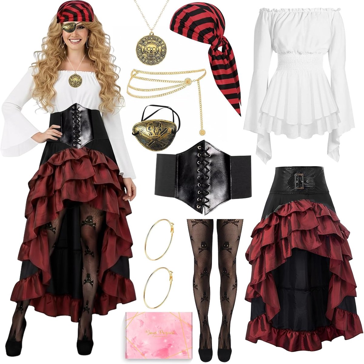 Piratenkostuum voor dames, middeleeuws renaissance-kostuum met piratenaccessoires, carnavalskostuums voor volwassenen, dames, piratenkostuums voor Halloween, carnaval, party, cosplay