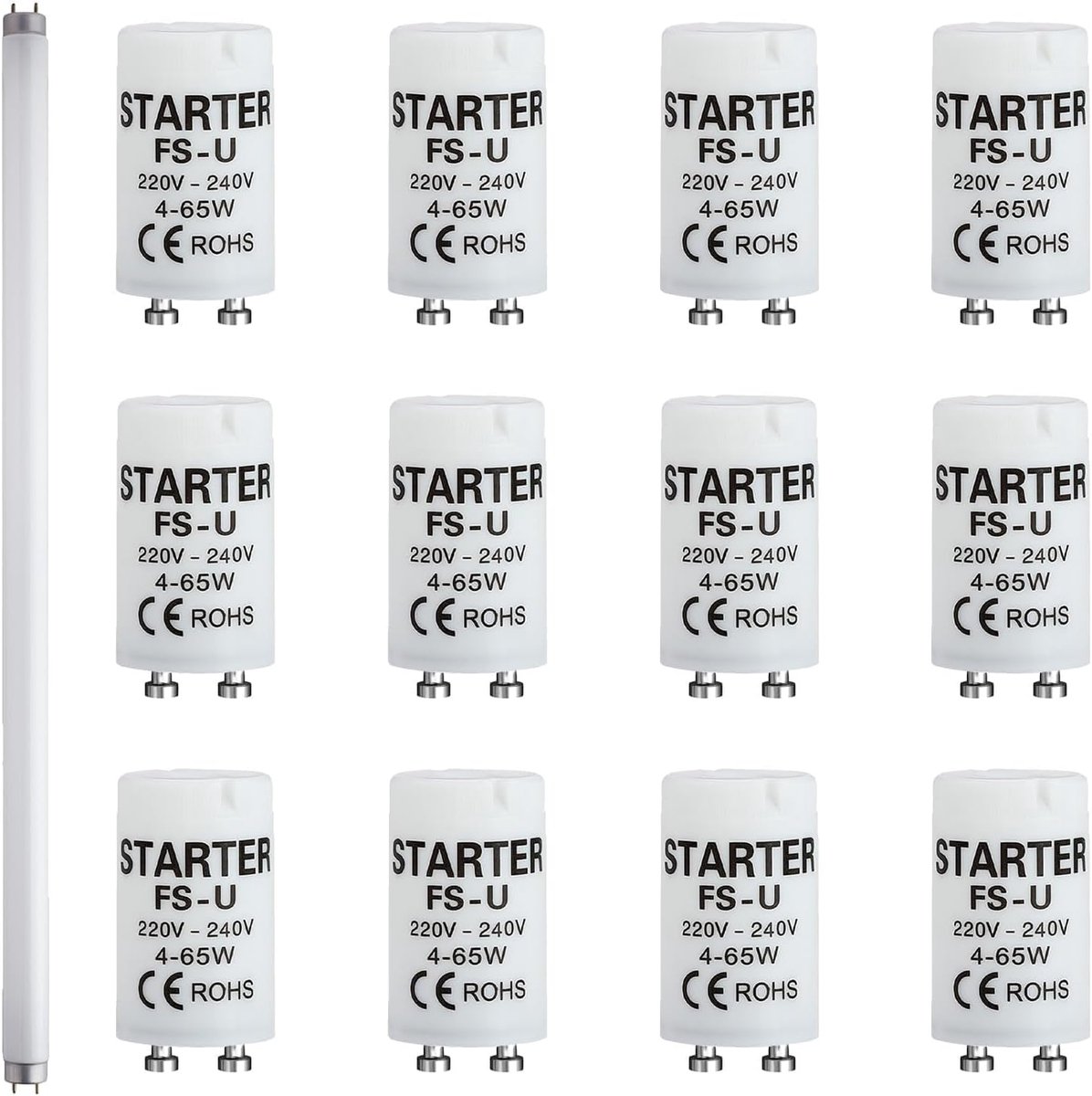 12 stuks neonstarter voor fluorescerende buizen, 4-65 W, 220-240 V, universeel voor fluorescerende buizen, snelle en efficiënte start voor huishoudelijke en professionele verlichting, duurzaamheid en