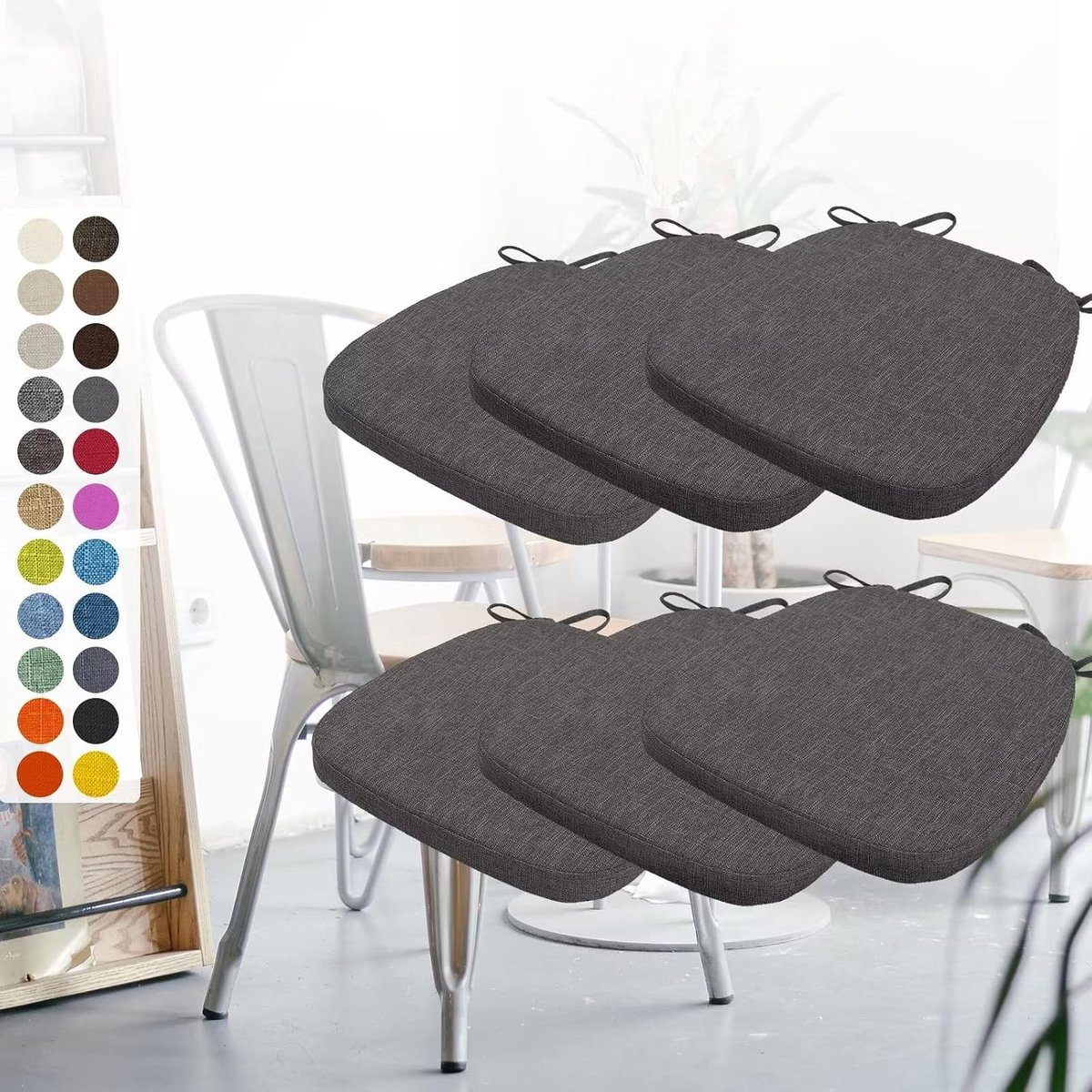 Set van 6 stoelkussens, 40 x 38 x 3 cm, met banden, wasbaar zitkussen, antislip, afneembare overtrek met ritssluiting, ideaal voor thuis, kantoor, keuken, eetkamer, koffiegrijs