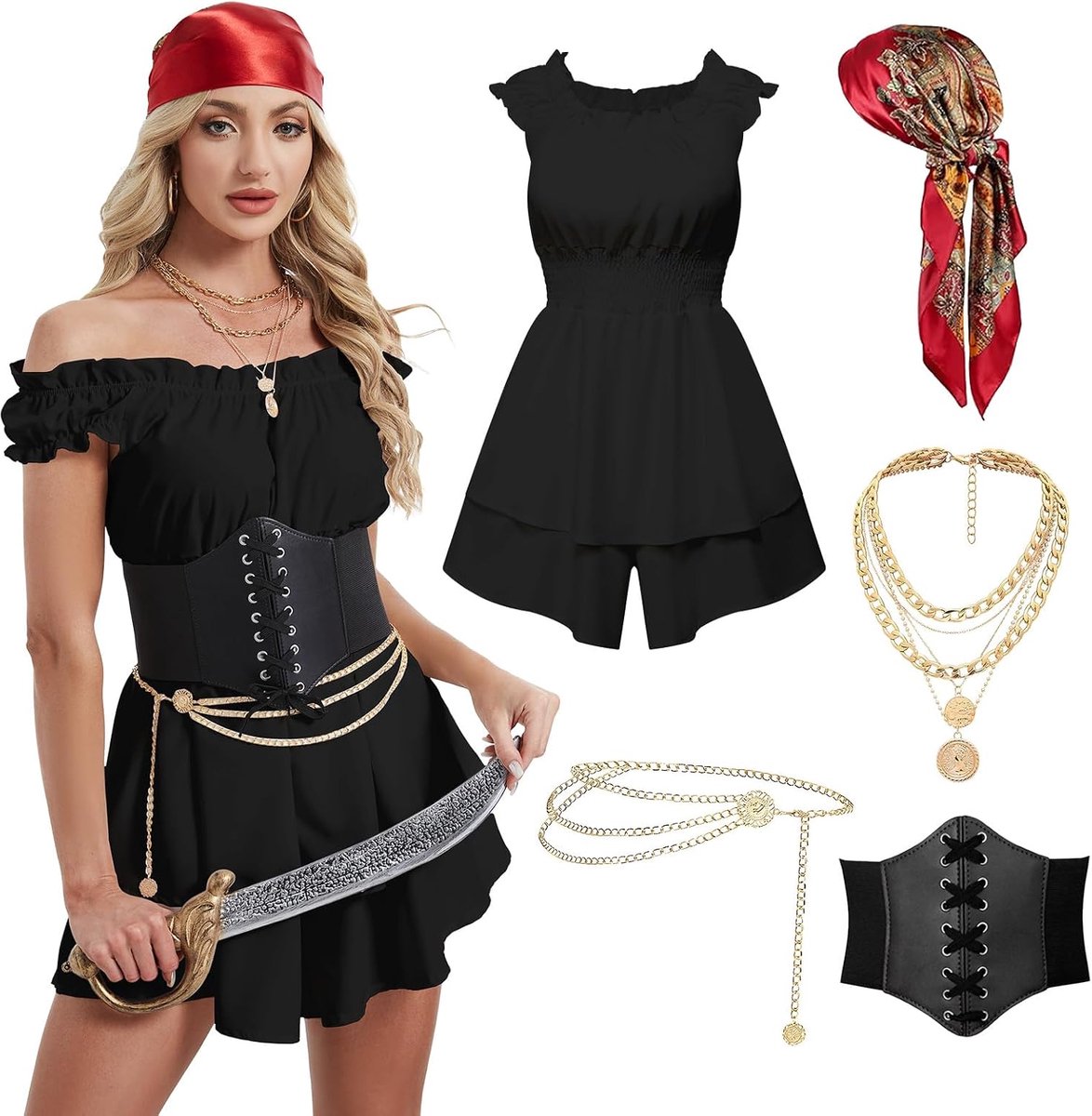 Piratenkleding voor dames, inclusief middeleeuwse riem, hoofddoek, halsketting, riemketting, geschikt voor Halloween, carnaval en kostuums.
