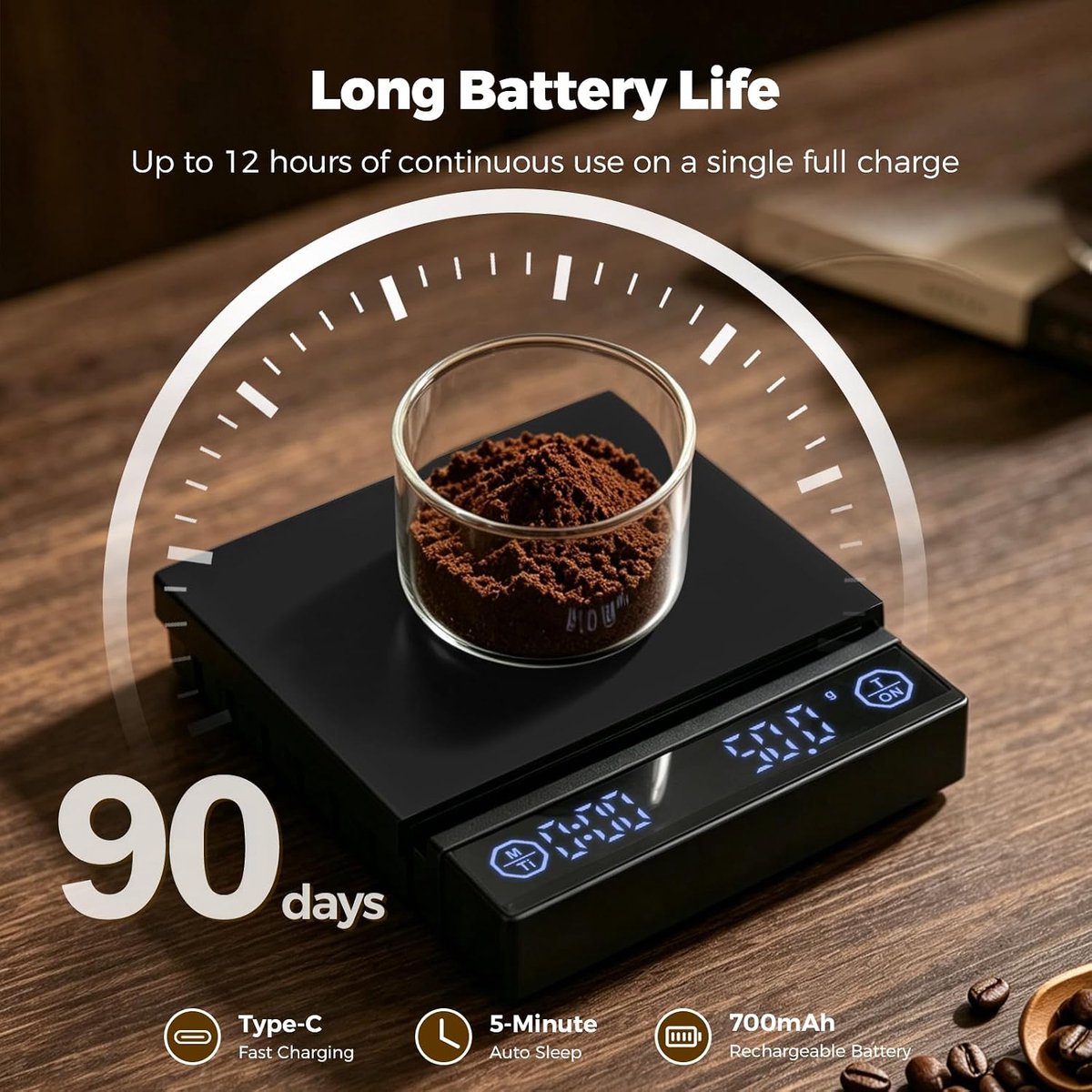 Mini-koffieweegschaal met timer, oplaadbare USB-C-keukenweegschaal, draagbare espressoweegschaal met led-display, 2 kg/0,1 g, zwart
