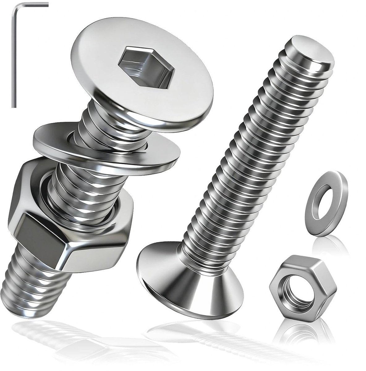60 stuks M3 x 12 mm schroevenset met bouten en moeren, platte kopschroeven en moeren en sluitringen, DIN7991 zeskantschroeven met binnenzeskant van roestvrij staal 201