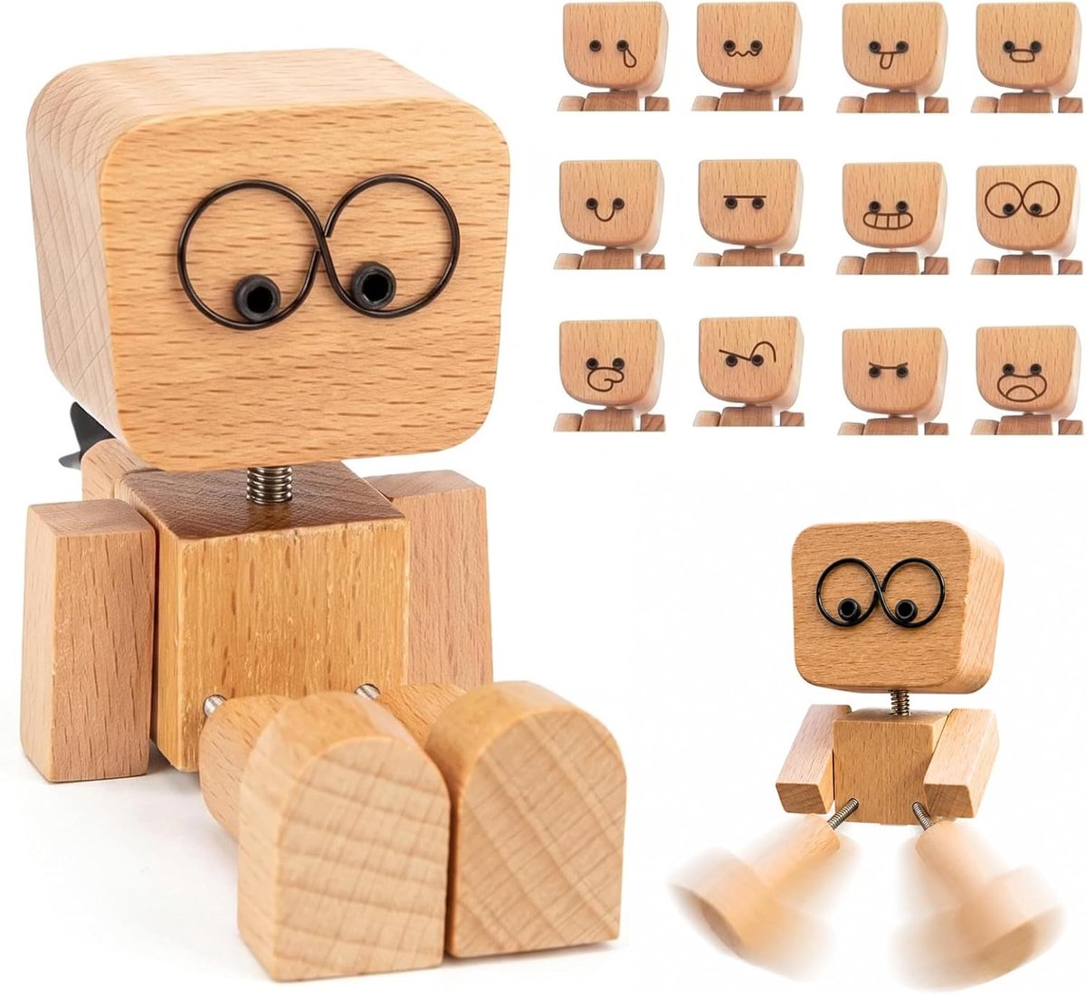 12 stuks houten poppen voor auto met zwaaiende poten, dashboardornament met 12 seconden, verwisselbaar, grappige en stressvrije decoratie, autoaccessoires, origineel cadeau