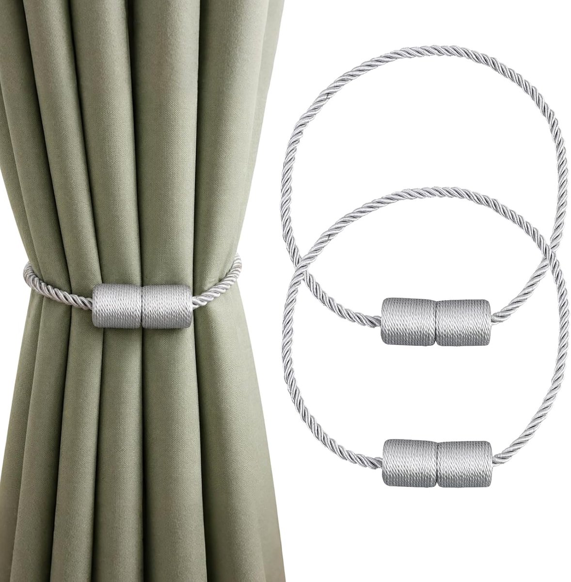 Magnetische gordijnhouders voor gordijnen, 2 stuks, gordijnhouders, gespen met dikke twist touw en sterke magnetische stropdas voor gordijnen (grijs)