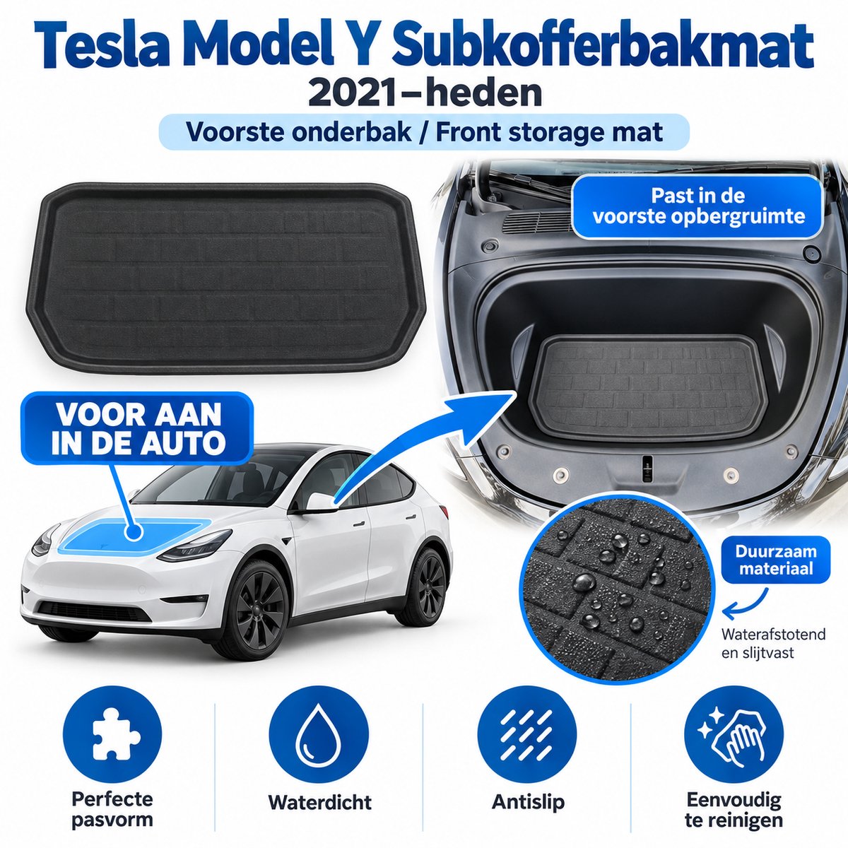 Subkofferbakmat voor Tesla Model Y 2021 –heden XPE-materiaal voor Duurzame Bescherming | Tesla Model Y Accessoires