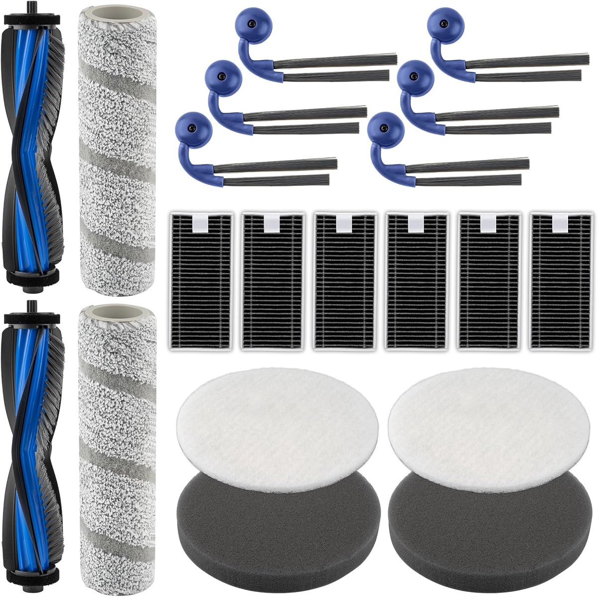 Reserveonderdelen voor Ecovacs Deebot X11 OmniCyclone: 2 borstelrollen, 2 wieltjes, 6 HEPA-filters, 2 grijze + 2 witte schuimstoffilters voor het basisstation, 6 zijborstels