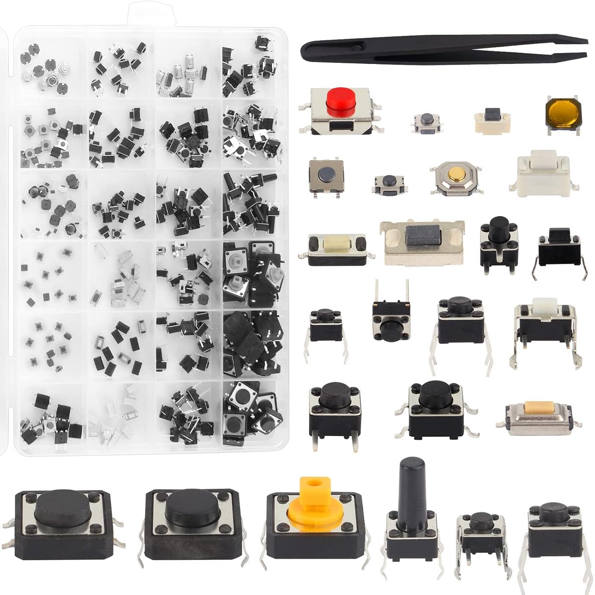 250 stuks microschakelaar, tactiele knop, tactiele drukknopschakelaar, micro- tact, assortiment microschakelknoppen met pincet voor autosleutel (25 waarden)