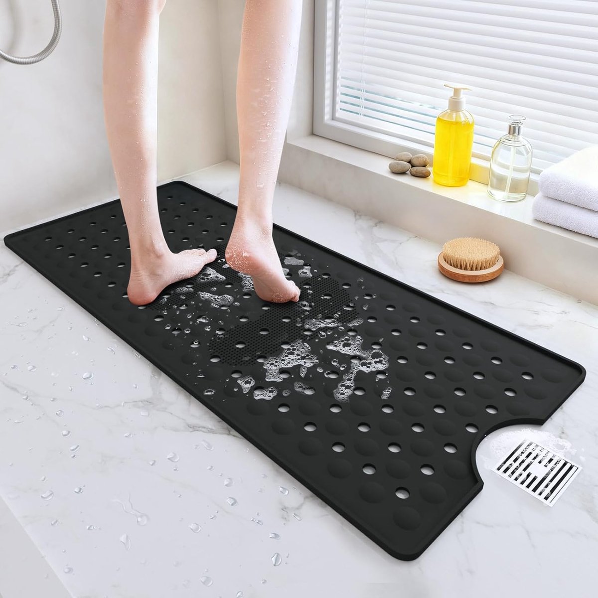 Douchemat, 90 x 40 cm Badmat met Grote Afvoeropeningen, Douchematten voor Badkuip, Sterkere Zuigkracht, Ontspannend Voetontwerp, Zwart
