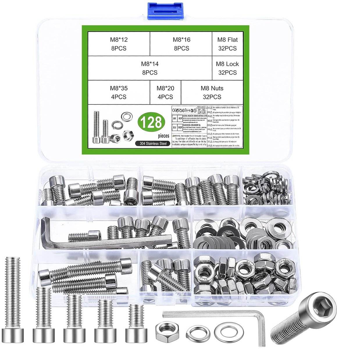 128 stuks M8 schroevenset, cilinderkopschroeven moerensets, roestvrijstalen zeskantschroevenset en sluitringen, binnenzeskant schroeven met moeren, machineschroeven assortiment