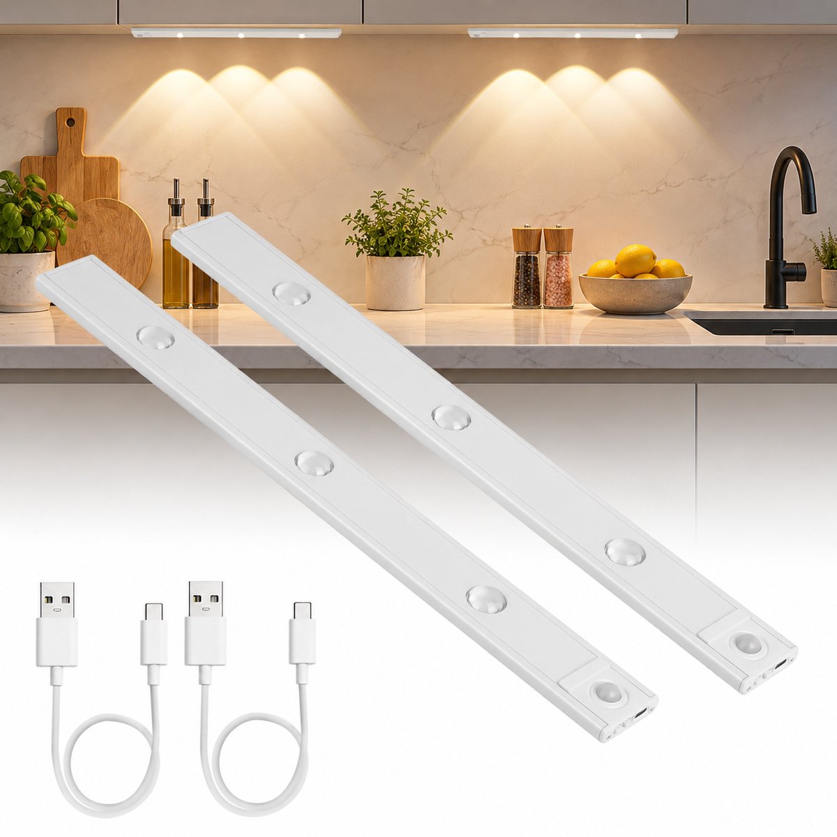 LOVHAUS 2 Stuks LED Kastverlichting – Bewegingssensor – Dimbaar – 3 Lichtkleuren – USB Oplaadbaar