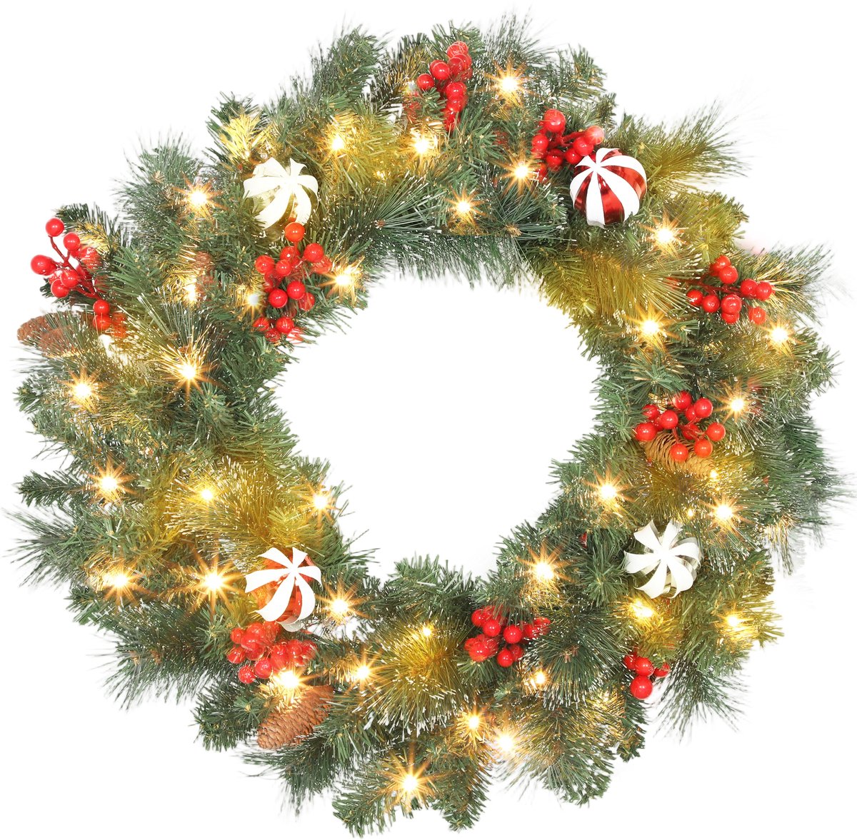 1 stuk - Verlichtte kerstkrans 60cm - Handgemaakte kerstversiering met LED warm wit licht, dennen, bessen en dennenappels, voor voordeur, open haard en raamdecoratie