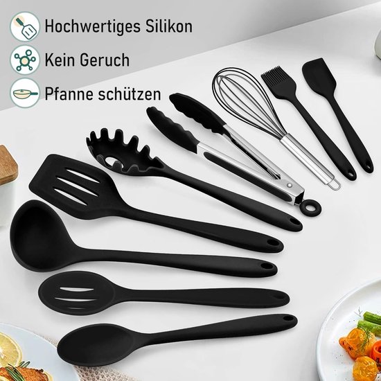 Keukenhulpset, 9 stuks, zwart, siliconen keukengerei, hittebestendig kookgerei, kookgerei set met spatel, garde, grilltang, anti-aanbak, kookbestek voor koken en bakken — afbeelding 4