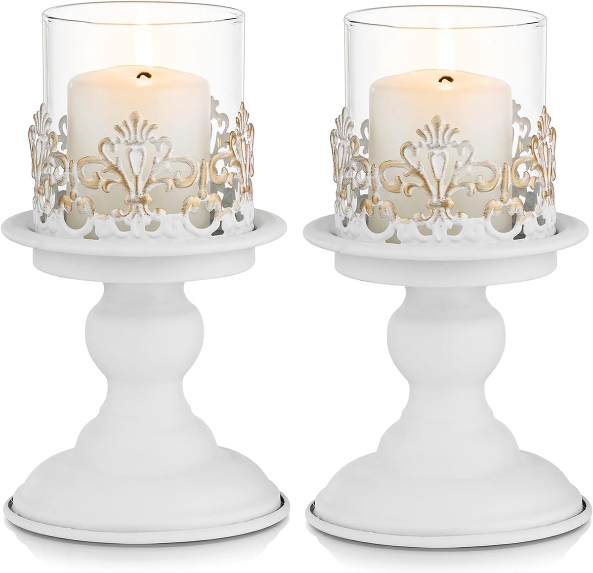 Witte Kaarshouder voor Pijler Kaars - Verontruste Kandelaar Houder Metalen Orkaan Kaarshouders voor Verjaardag Pasen Bruiloft Betrokkenheid Baby Shower Kerst Tafel Centerpieces Decoratie