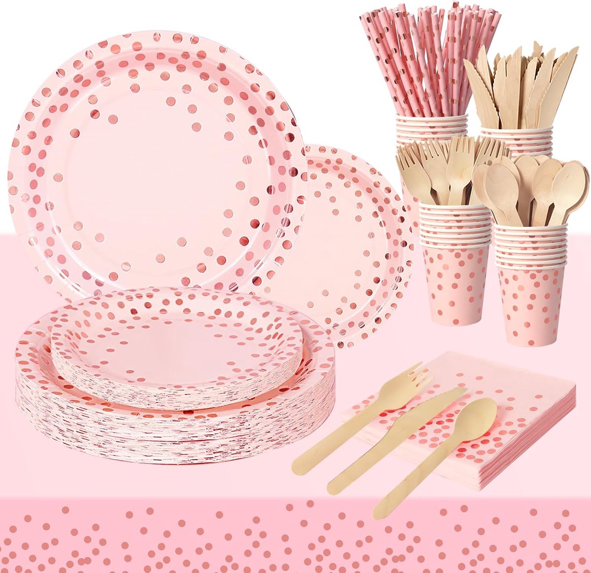 Feestservies, roze en roségoudkleurig, 141 stuks, papieren serviesset inclusief papieren borden, servetten, bekers, messen, vorken en lepels voor vrijgezellenfeest, verloving, bruiloft, verjaardag (20 gasten)