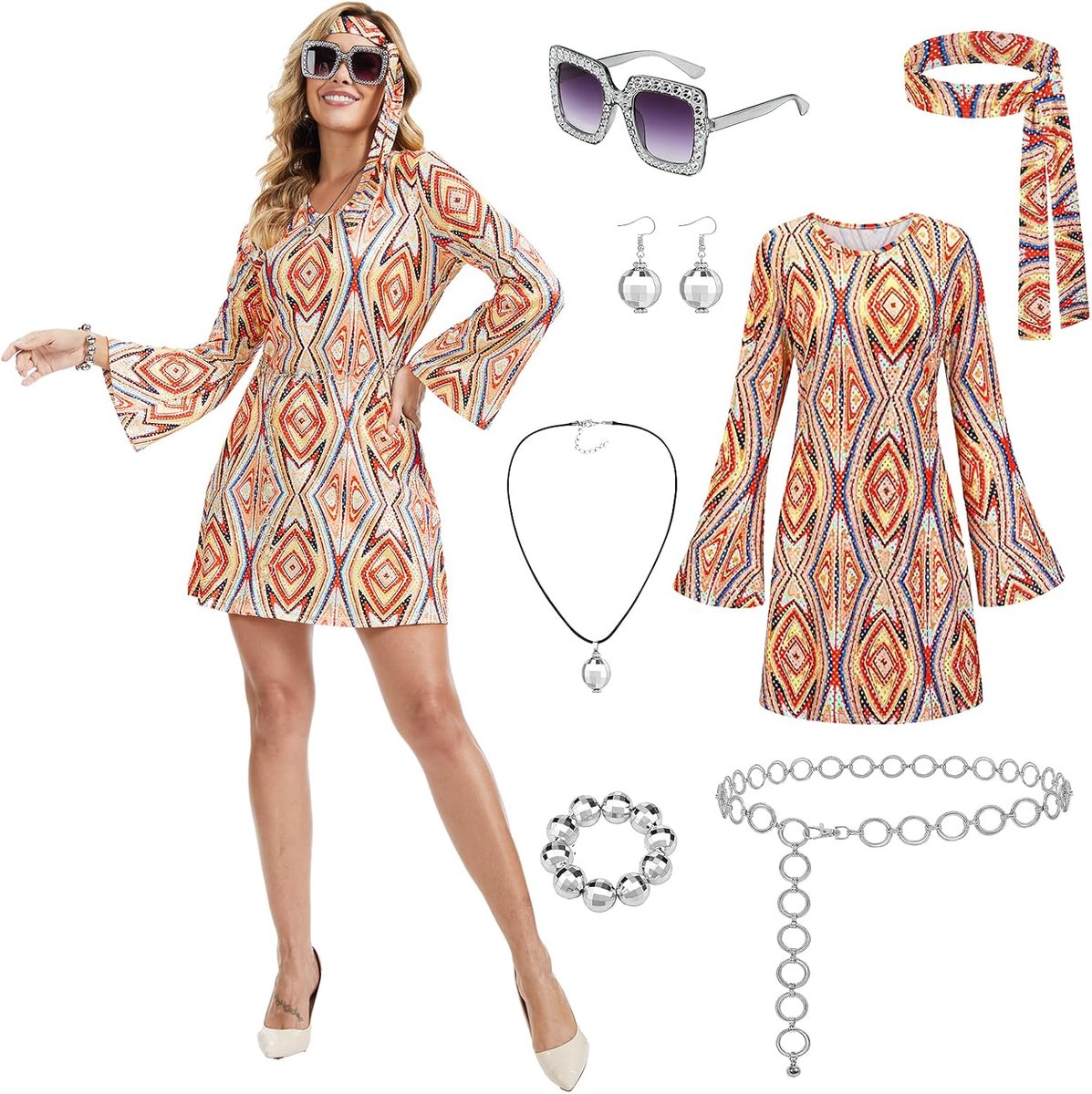 '70 discojurk met geometrisch patroon, wijd geslepen mouwen, bijpassende sjaal en 5-delige accessoireset, retro, party, outfit voor vrouwen, festival en themafeest