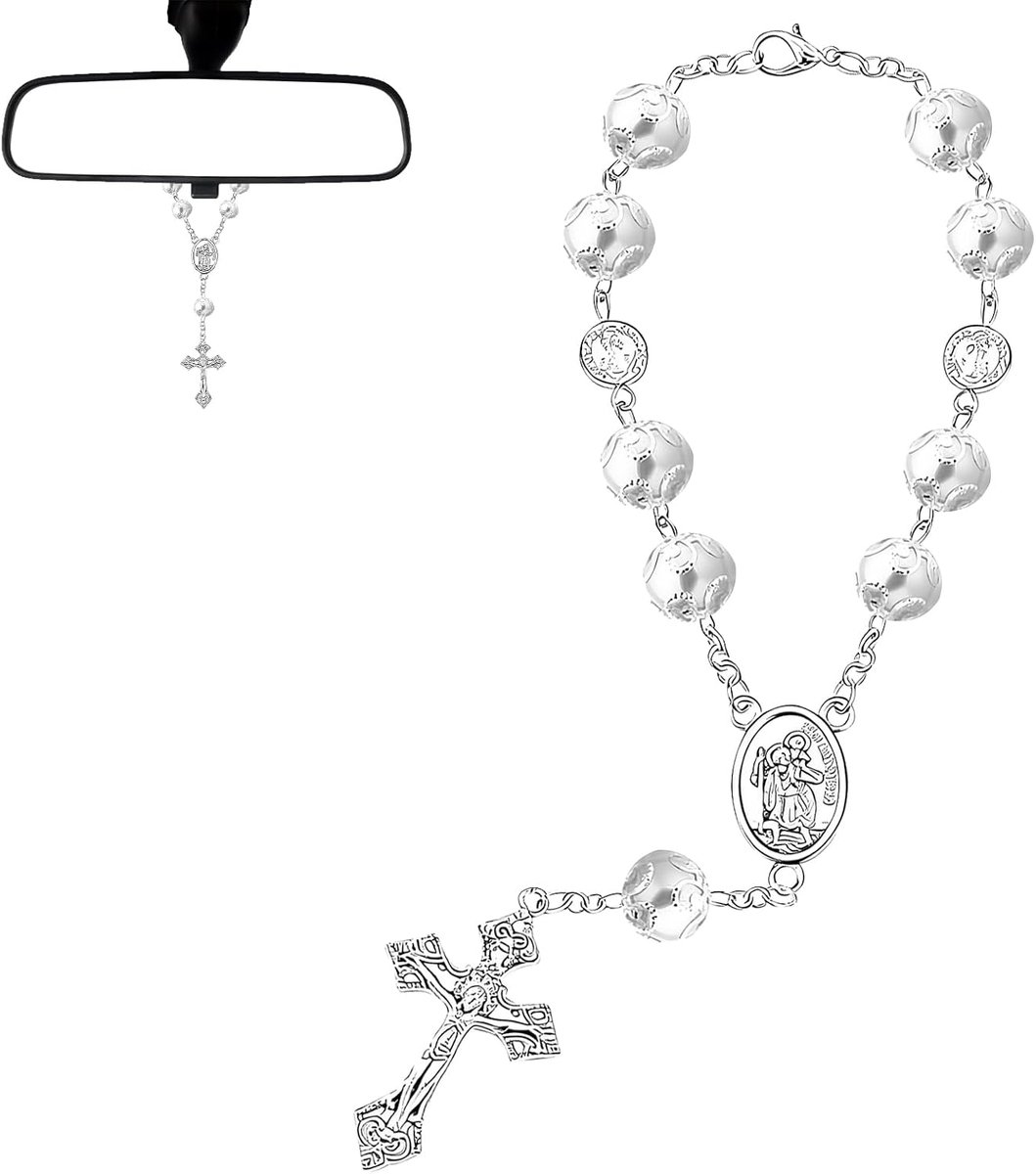 Christopher Rozenkrans in de auto, katholieke achteruitkijkspiegel, hangend ornament met kruis- en parelkralen, beschermende bedel voor veilig reizen, elegante auto-interieurdecoratie en nieuw