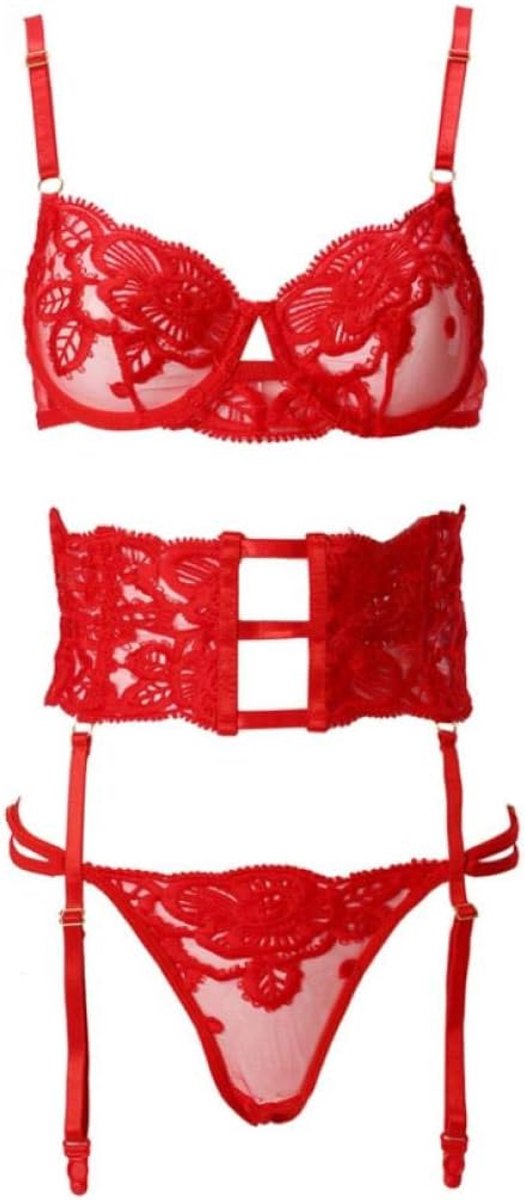 3 ST Borduurwerk Vrouwen Sexy Lingerie Kanten Beha String Gareter Temptation Erotische Porno Dames Verleiding Set-Red_XL