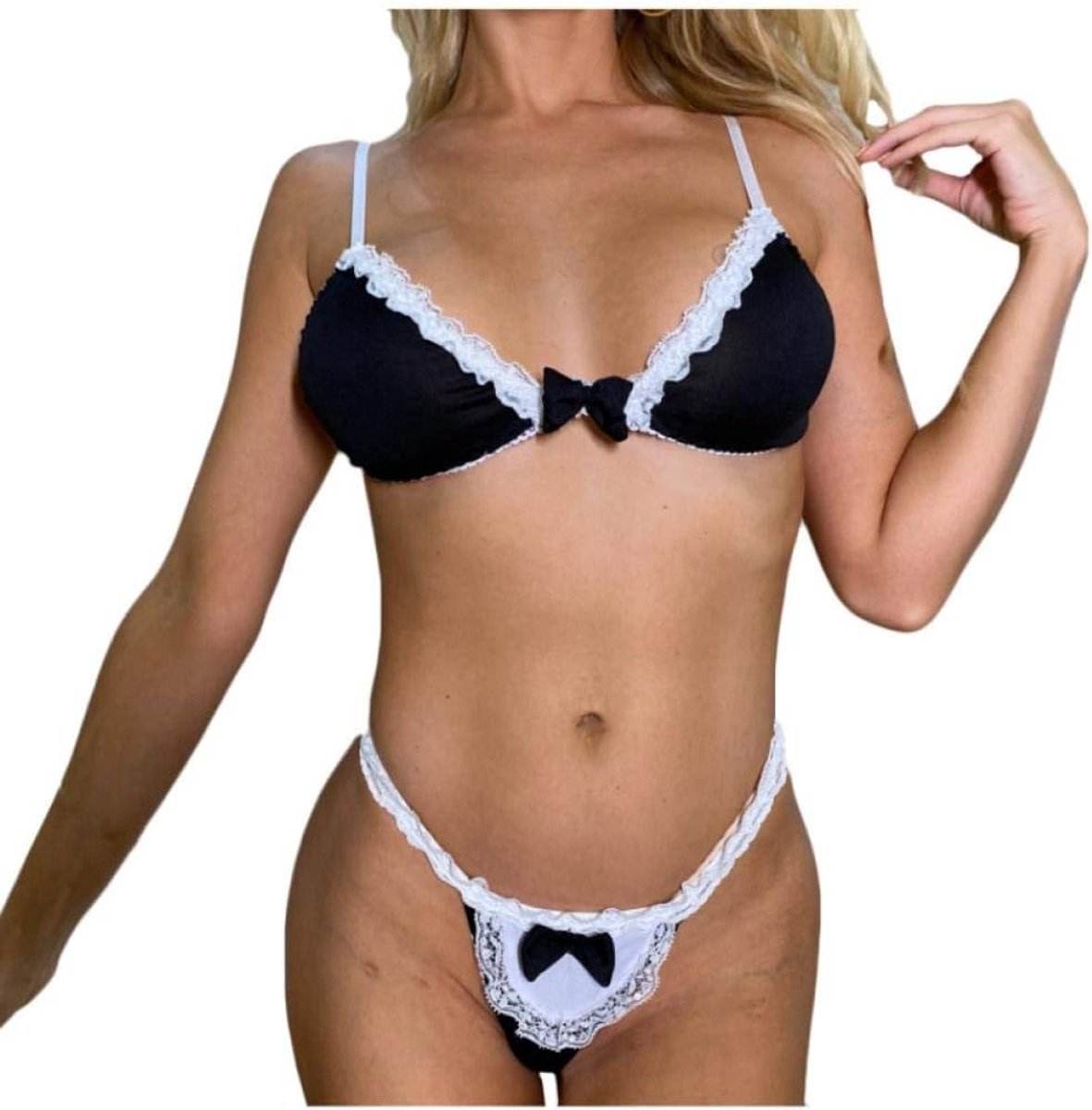 Sets met nachtmode & ochtendjas 2 ST Vrouwen Kostuums Kant Sexy Lingerie Beha Cosplay Strik String Verleiding Ondergoed Erotische Dames Nachtkleding Set-Black_L
