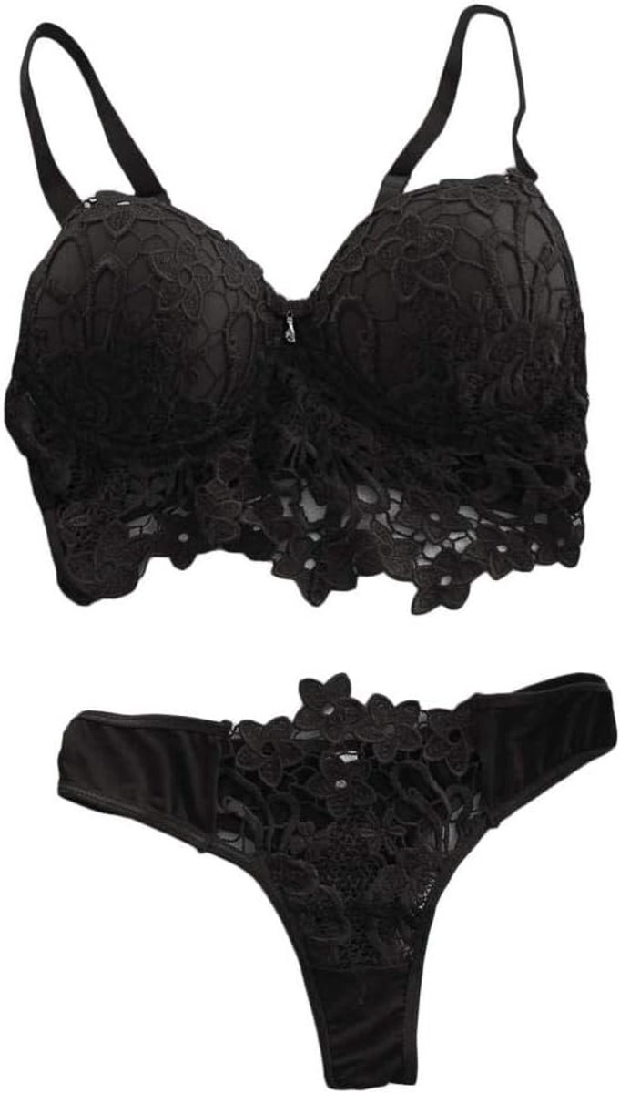 Bodystockings dames Dames kanten lingerie geborduurd kant sexy ondergoed bh string set-black_XXL
