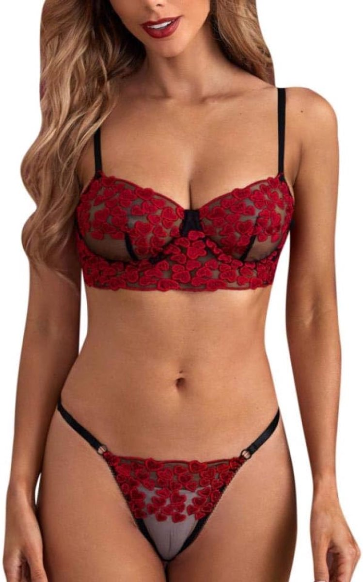 Dames 2 ST Vrouwen Kostuums Erotische Lingerie Borduren Kanten Beha String Verleiding Perspectief Ondergoed Sexy Nachtkleding Set