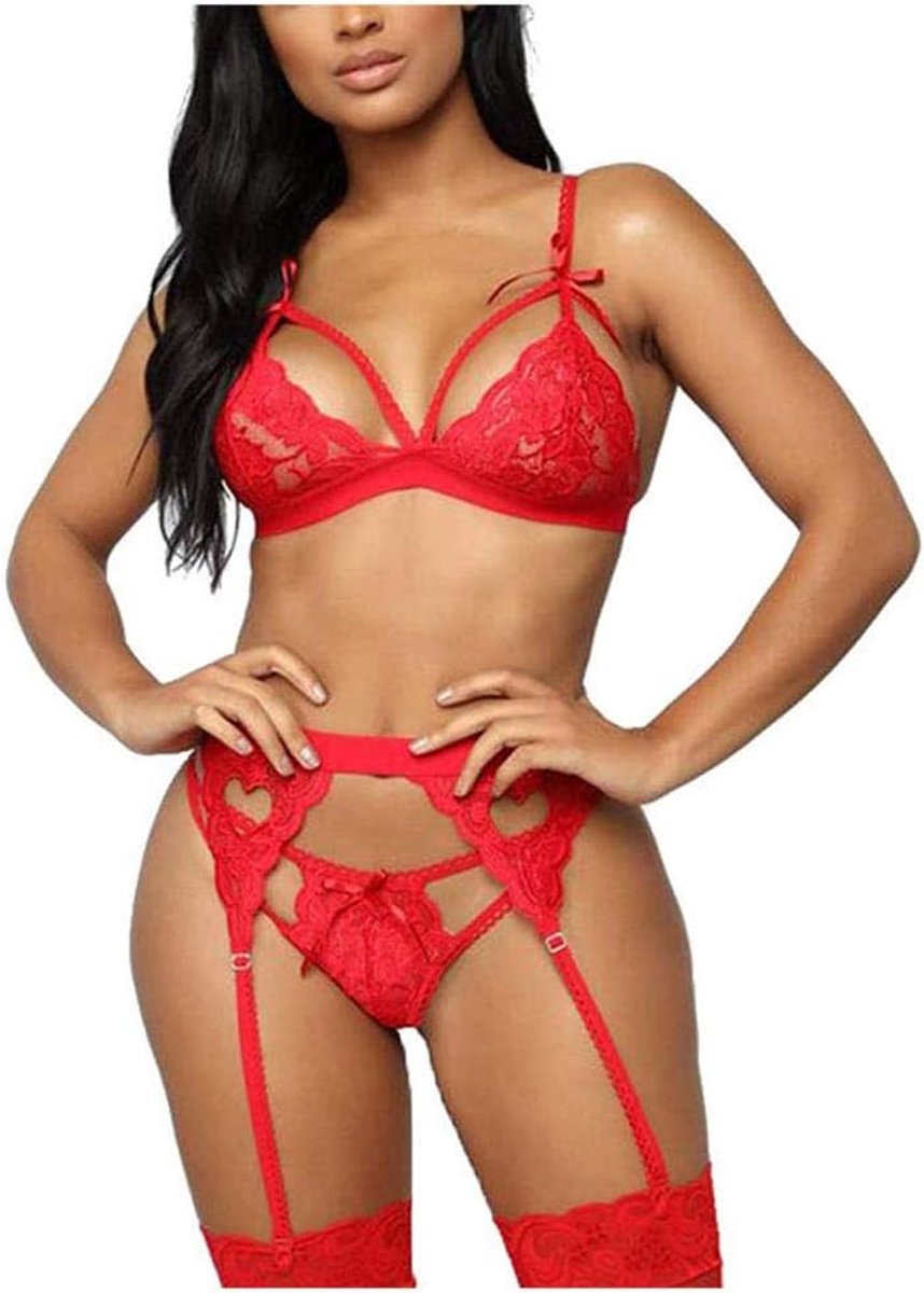 Dameskostuums Dames Erotische Lingerie Porno Kanten Riem Beha Kousenband G-String Verleiding Bandage Sexy Vrouwen Set-Red_L