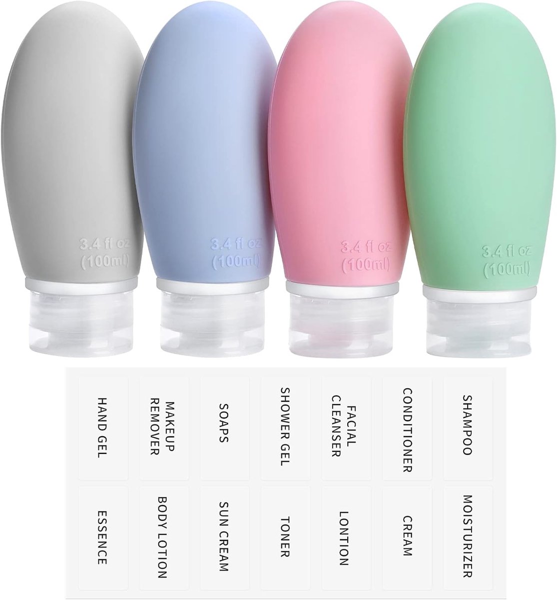 4 stuks 100 ml siliconen reisflesjes set met etiketten, lekvrij, navulbare lege reisformaat, reisflessen om te vullen, cosmetica, shampoo, vloeistoffen, BPA-vrij en TSA-getest