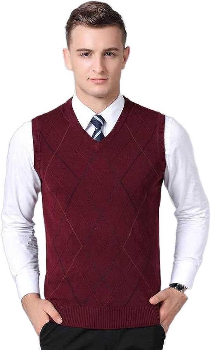 Argyle Gebreid Vest Met V-Hals, Klassieke Trend Mouwloze Toptrui Herfst Heren Pullover Trui Casual All-Match Vest, Zakelijk Heren Breigoed Gebreid Vest Trui Tanktops,Rood,S