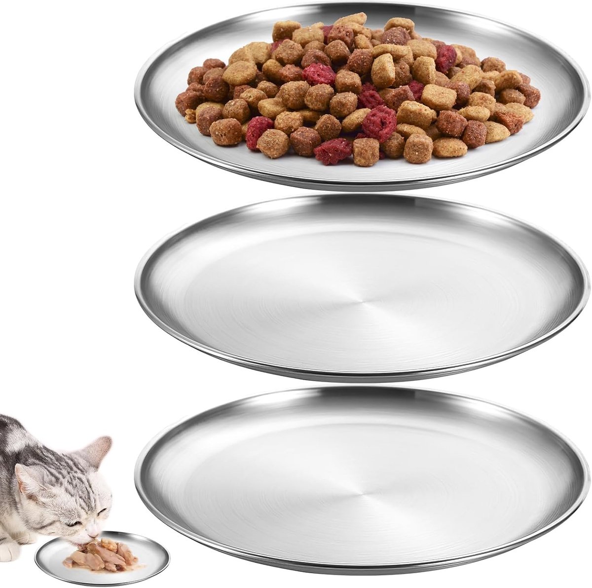 3 stuks 14 cm kattenbak, plat, roestvrij staal, kattenbak, voederbak kat