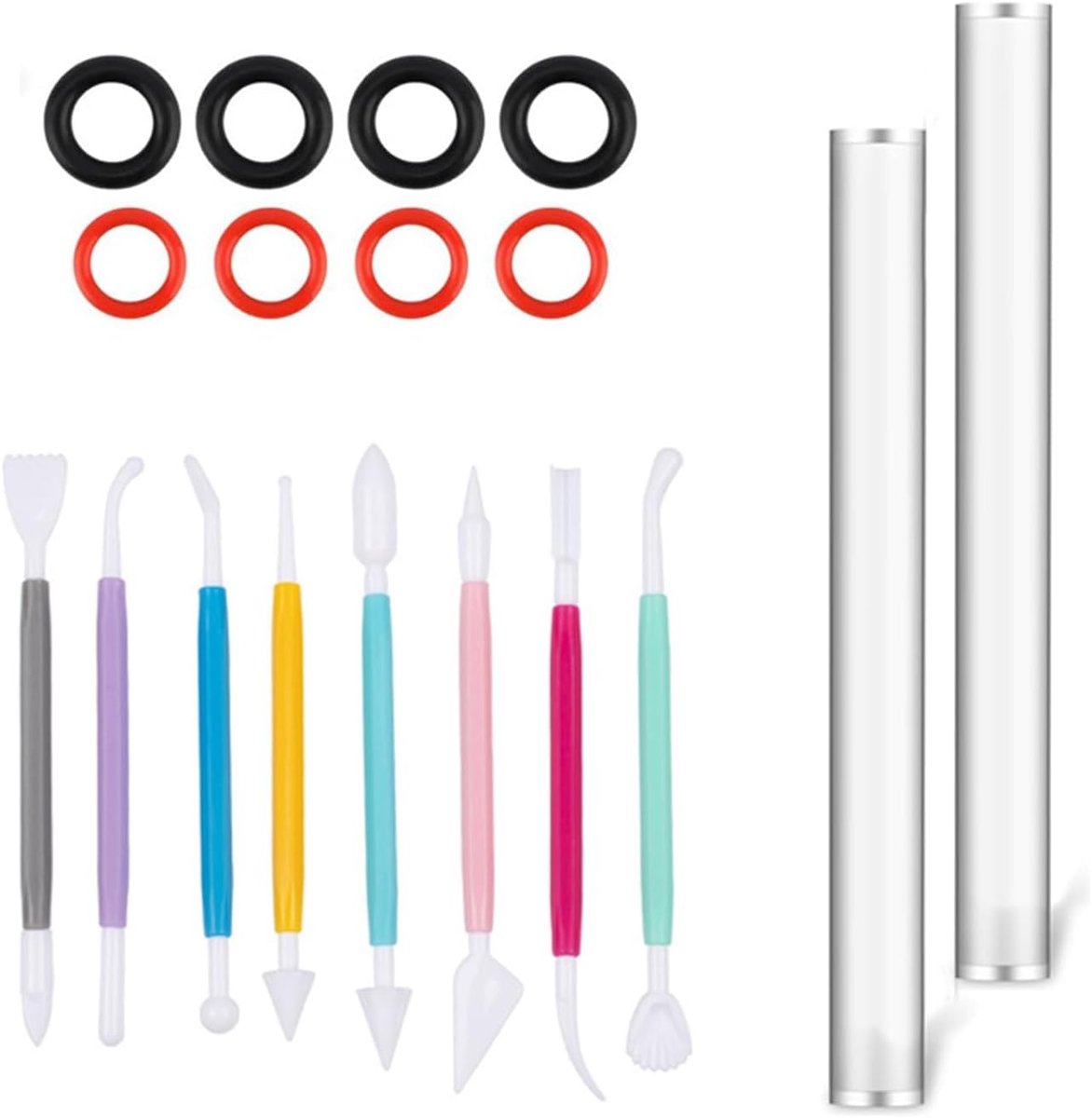 2 stuks transparante acrylstaafjes, polymeer en 8 stuks kleimodelleergereedschap, 19,5 cm acrylkleirollen met 8 rubberen ringen, acrylpolymeerkleigereedschapsset, voor kleiprojecten