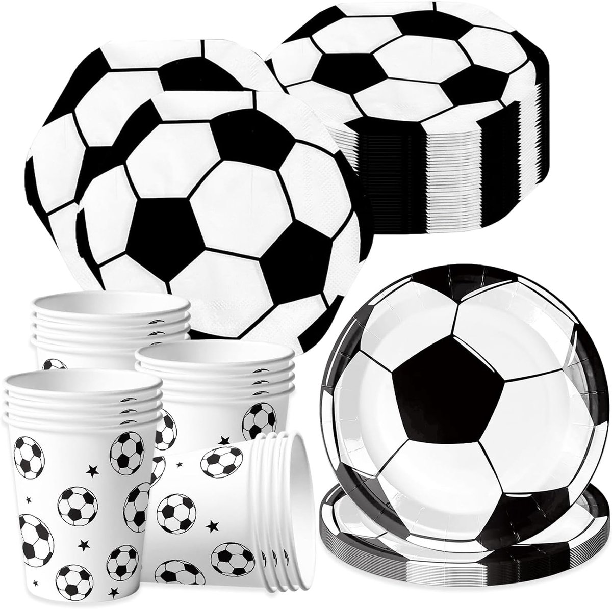 Voetbalfeestservies voor 16 gasten, voetbalfeestversieringen, voetbalversiering voor kinderverjaardagen, voetbalfeestbordjes, papieren bordjes, papieren bekers, servetten, wit en zwart