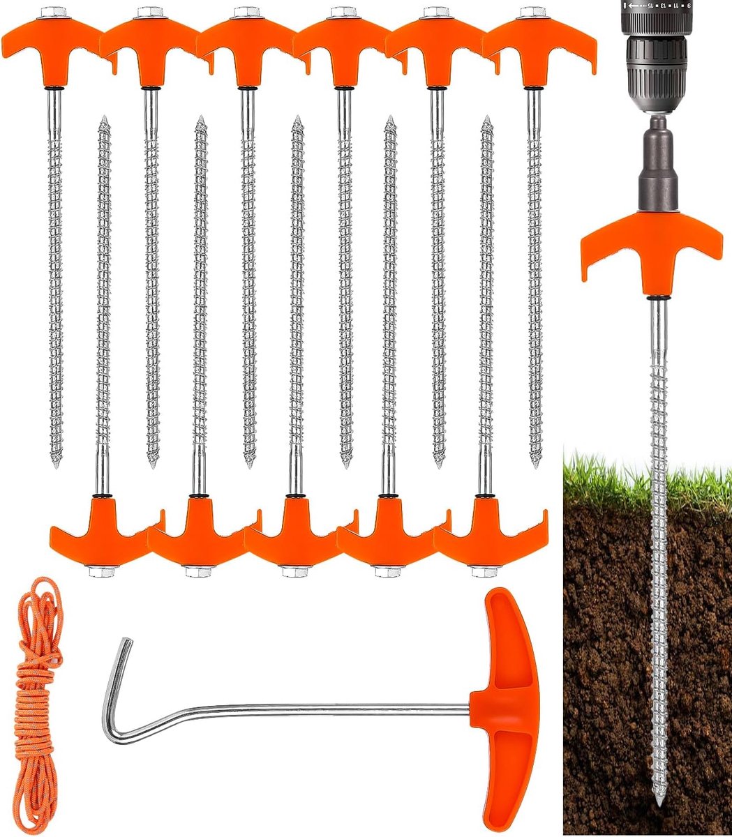 11 roteerbare tent peer met schroefdraad gemaakt van staal (20,5 cm), pinnen stabiel, tenthol voor schroeven met adapter, 3 m dik touw, camping aardnagels voor harde vloeren, bos