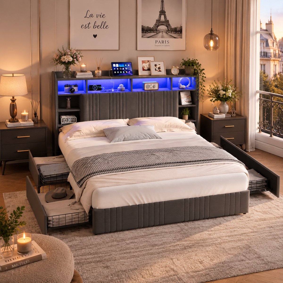 MEXUS Tweepersoonsbed 160x200 cm, Gestoffeerd met ledverlichting en USB-oplaadpoort, opbergruimte met 4 lades en plank in het hoofdeinde, bedframe met lattenbodem, linnen Grijs
