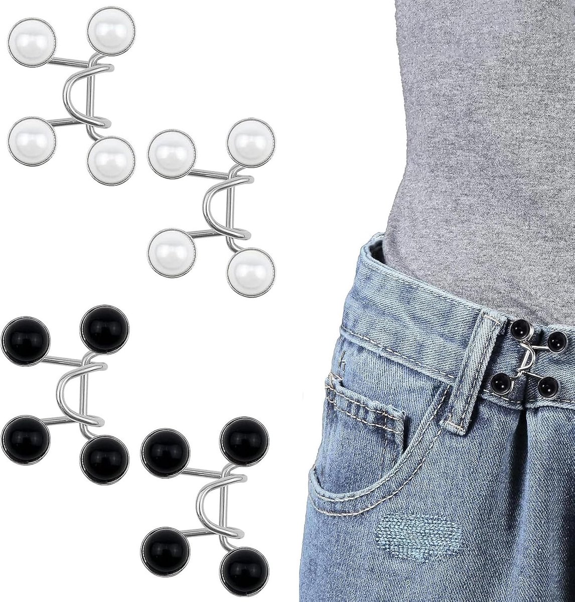 4 stuks parel jeansknoopspeldjes verstelbare taille gesp extender afneembare dunne taille knopen voor jeans broek jurk te groot (zwart en witte parel)