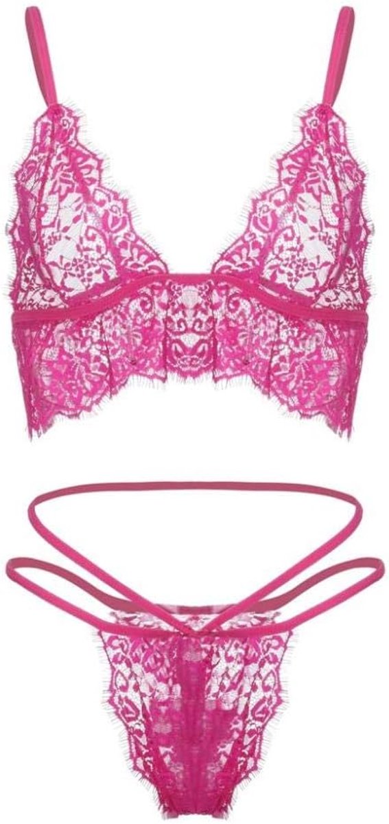 Klassiek Bh set Jarretellegordel en Kous LingerieSexy Lingerie Vrouwen Kanten Bh Set Sexy Ondergoed G-String Set Sexy Set Bh Vrouwen Sets-Hot_Pink__S
