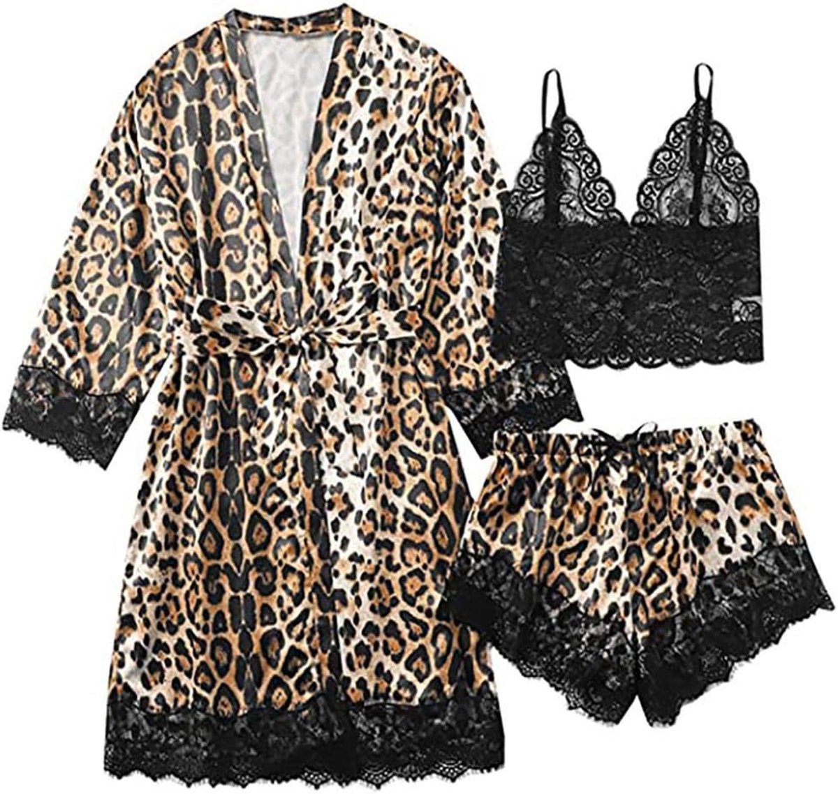Lingerie voor Kanten Kimono Nachthemd Ondergoed Sexy Lingerie Nachtkleding Kant met String Nachtkleding JurkLuipaard Dames Pyjama Sexy Lingerie Satijn Zijden Gewaad Nachtkleding Ademend V-hals Kant