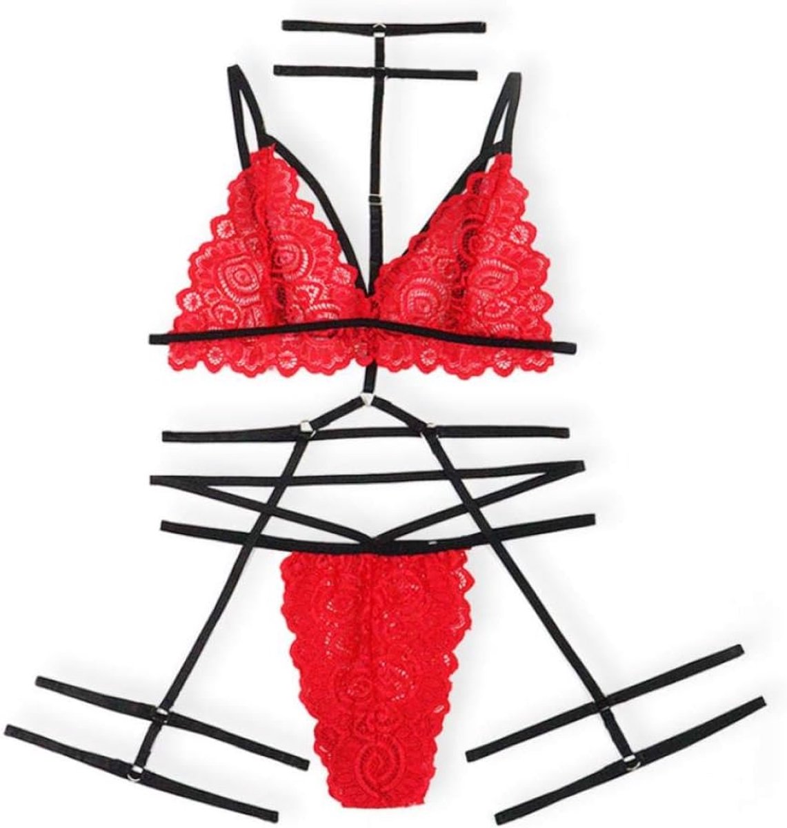 Sexy dames erotische lingerie Vrouwen Sexy Lingerie 3 ST Kousenband Draadloze Bandage Slips Kanten Beha Verleiding Transparante Nachtkleding Dames Ondergoed Set-Red_XXL