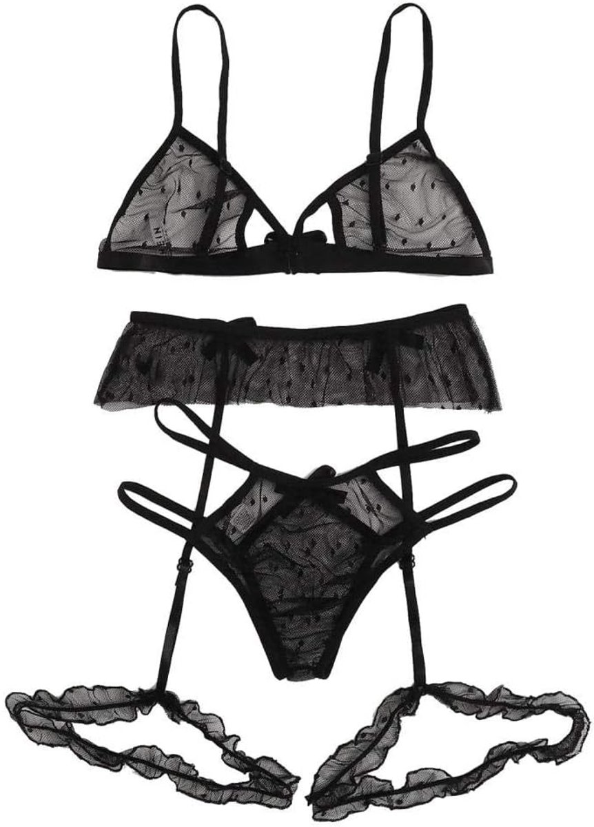 Dameskleding 3 ST Dames Sexy Lingerie Porno Bandage Kousenband Kanten Beha Erotische Mesh Doorzichtige Verleiding Ondergoed Set-Black_XL
