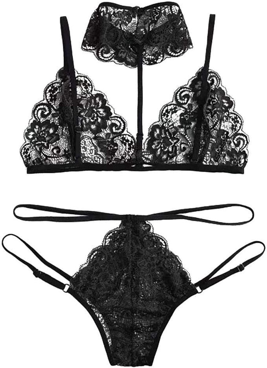 Kleding Sexy Kostuums Vrouwen Erotische Lingerie See Through Bra G-String Ondergoed Halter Nachtkleding-Black_L